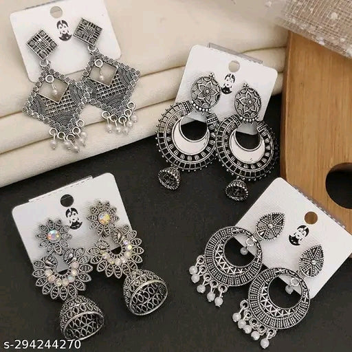 Combo of 4 Pair New Latest Design Drop &amp; Dangles Hoop Jhumki Oxidised Silver Earrings for women/girls